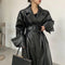 Damen Leder-Gabardina in Schwarz | Langer Oversize-Mantel mit Revers für Herbst