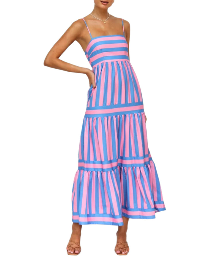 Solene - Gestreifte, gestufte Maxikleid mit angepasstem Oberteil und dünnen Trägern