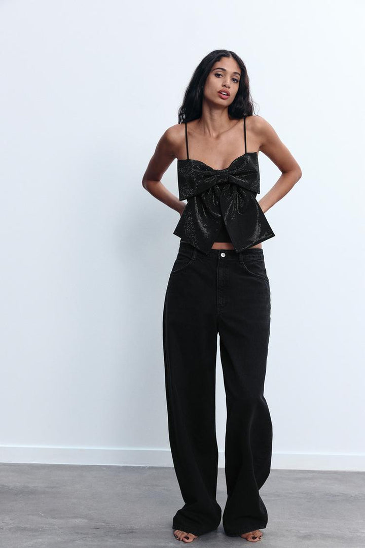 Loulou Damen Glitzertop mit Schleife | Schwarzes Paillettentop für Partys & besondere Anlässe