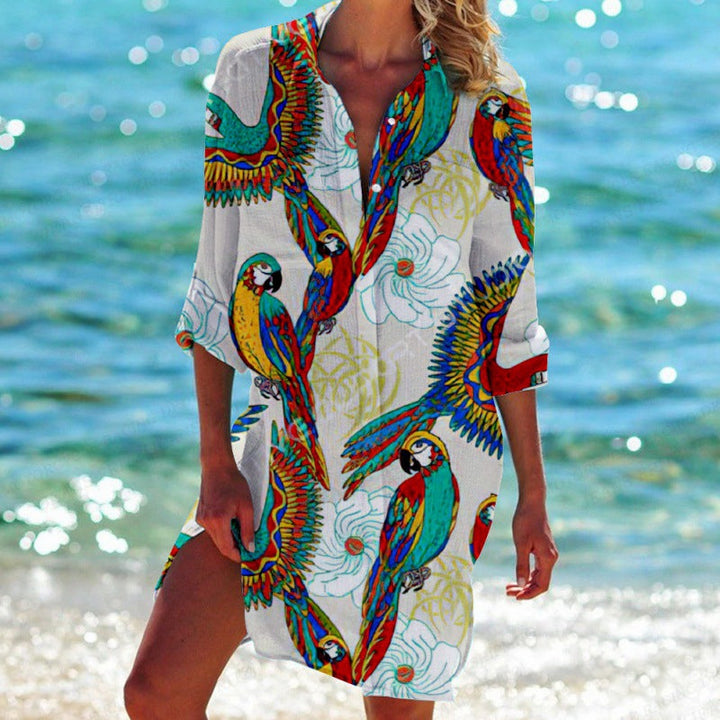 Celia | Fließendes Hemdblusenkleid mit Tropical Print für einen eleganten Sommerlook