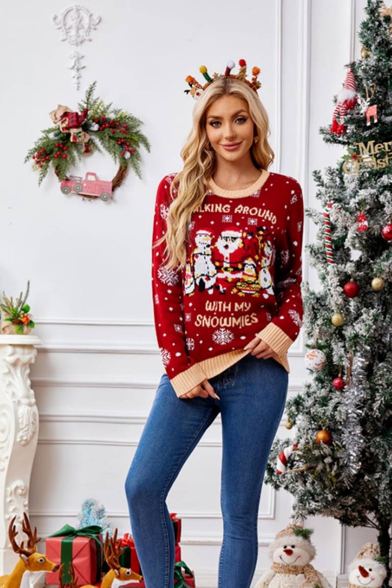 Weihnachts-Strickjacke für Frauen - Gestickter Weihnachtsmann-Pinguin, weicher, warmer Stil
