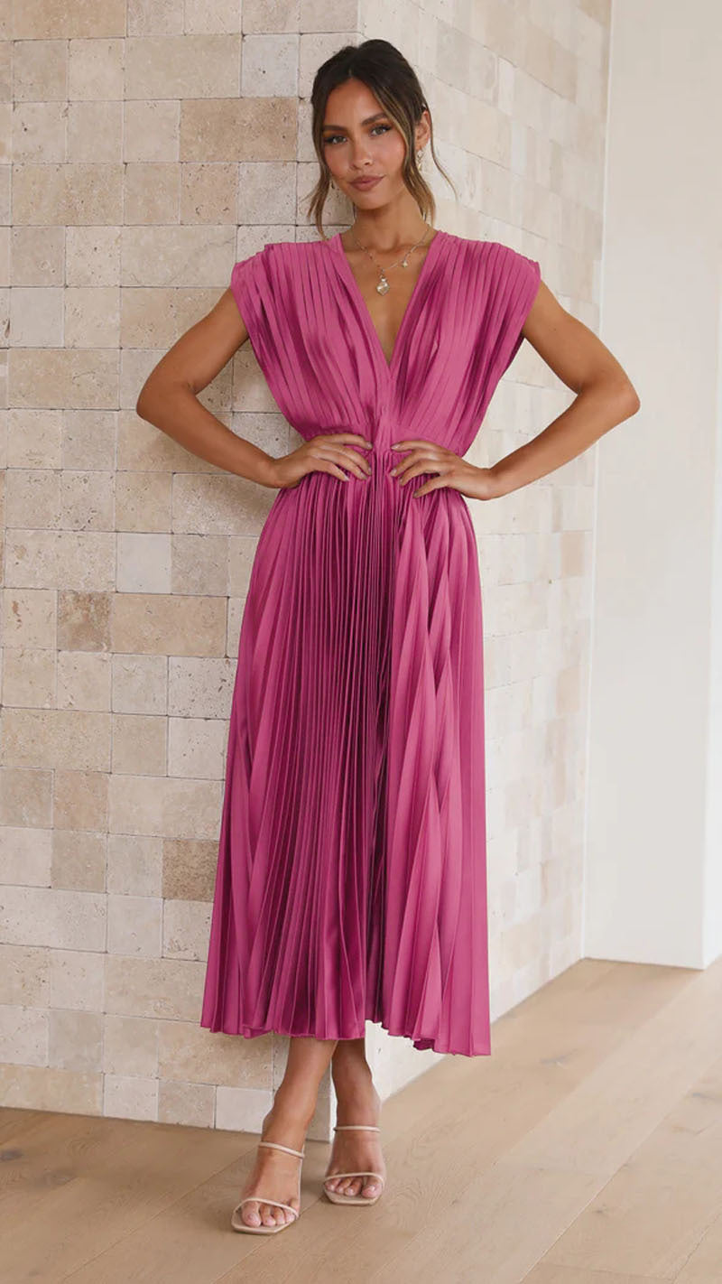 Michela | Raffiniertes Plissee-Midikleid mit V-Ausschnitt