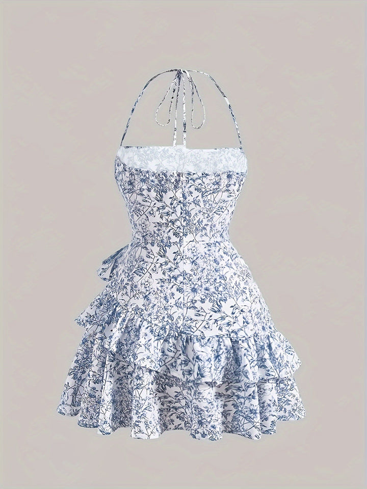 Ryle Kleid Mini Blumenkleid mit Halfterkragen und Einsatz Für Frauen