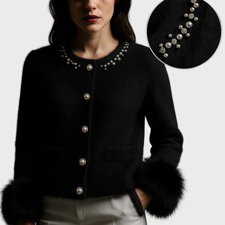 Damen Strickjacke mit Perlendetails & Pelzbesatz | Elegante Strickjacke Winter