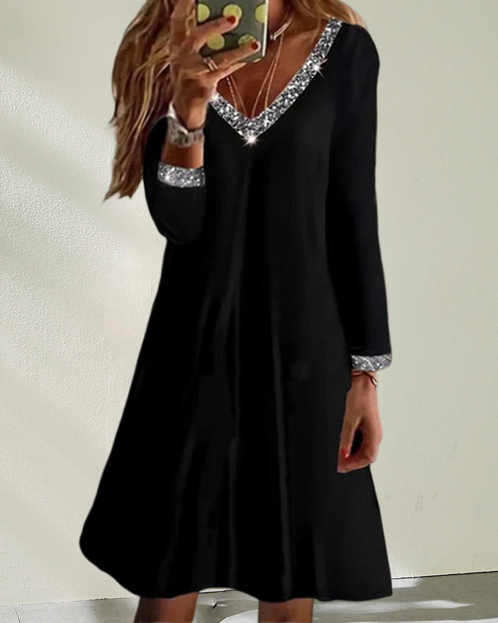 Kurzes schwarzes Abendkleid | Lässige Eleganz mit Pailletten und V-Ausschnitt