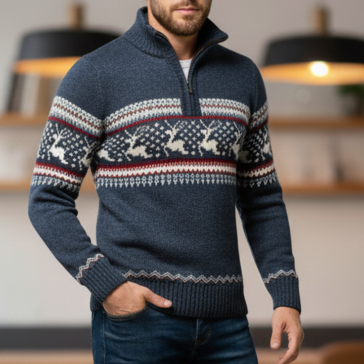 Herren Strickpullover mit halbem Reißverschluss Stahlkragen Wollmischung Warm