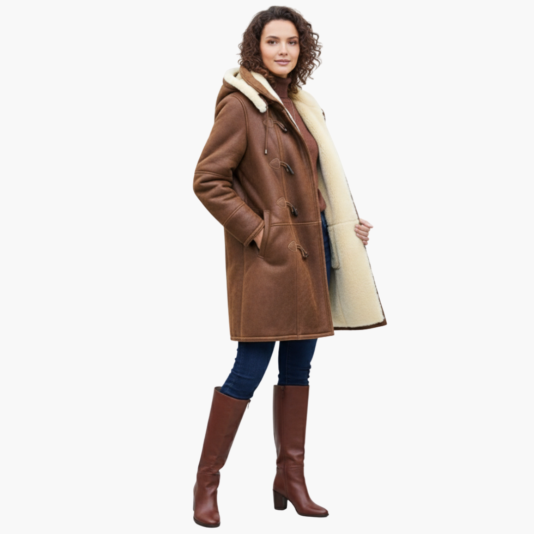 Women's Shearling Lined Coat with Hood Winter Duffle Style Long Jacket