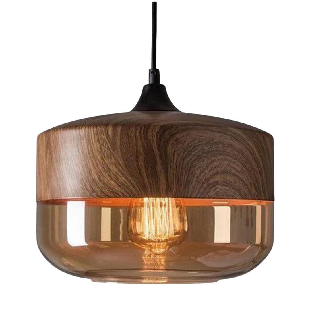 NordLuna Pendelleuchte - Skandinavische Eleganz aus Holz und gefärbtem Glas