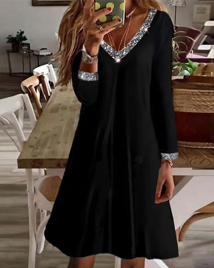 Kurzes schwarzes Abendkleid | Lässige Eleganz mit Pailletten und V-Ausschnitt