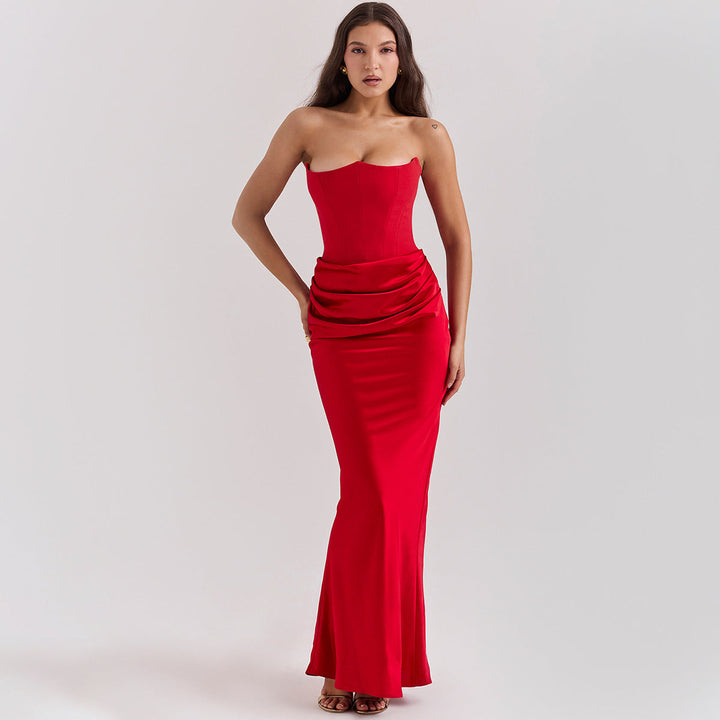 Emilia Korsettkleid für Damen | Samt-Trägerloses Abendkleid mit Fischgrätenmuster & Schlanker Passform
