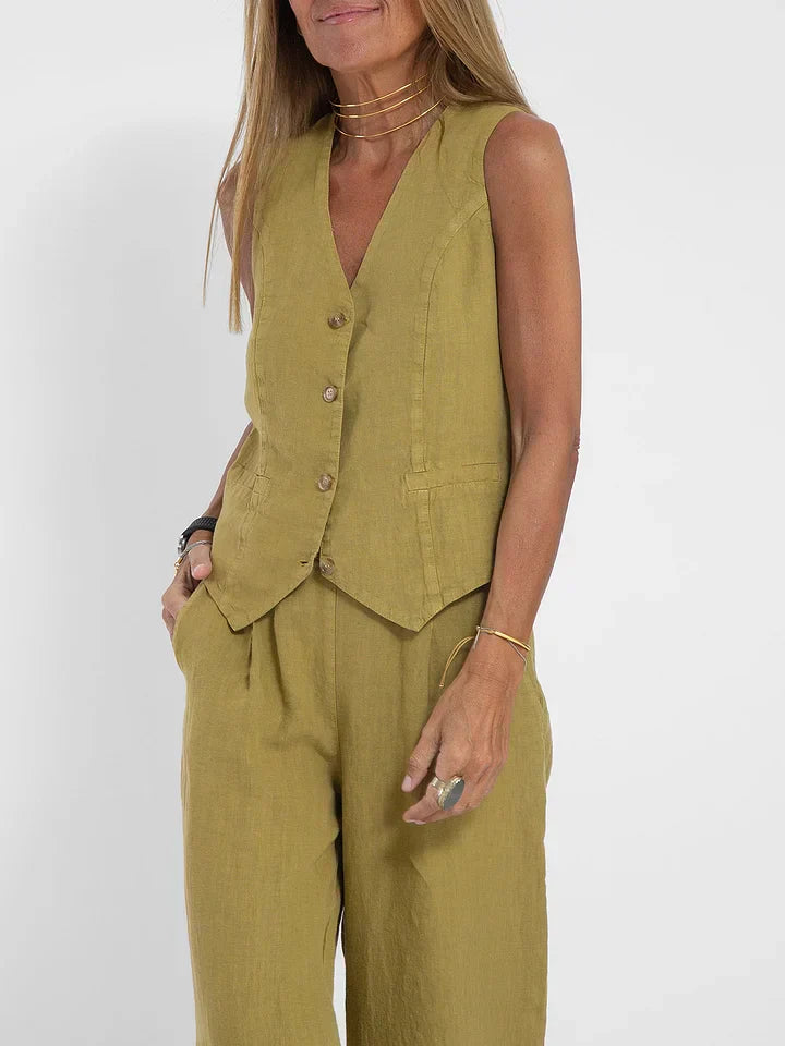 Aiden Zweiteiliges Outfit aus elegantem Leinen | Eng anliegende Weste & weite Hose