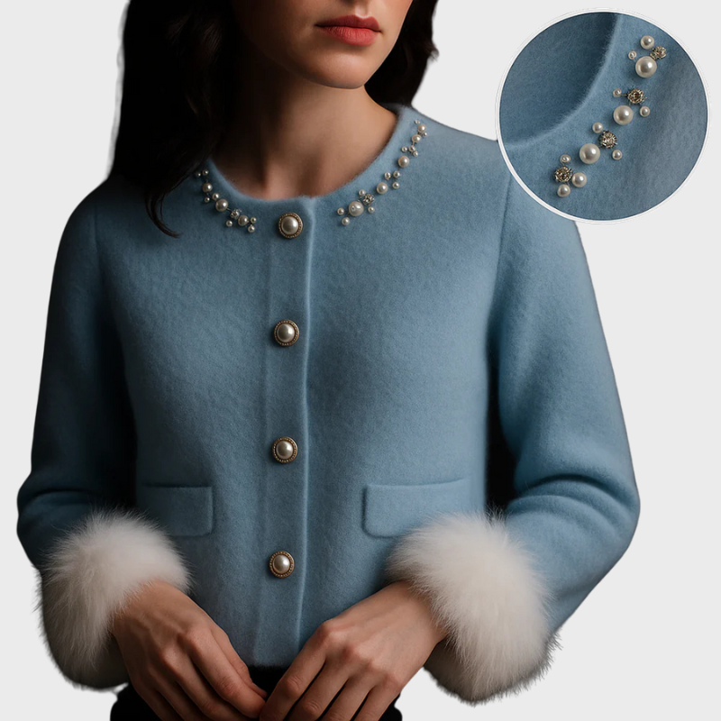 Damen Strickjacke mit Perlendetails & Pelzbesatz | Elegante Strickjacke Winter