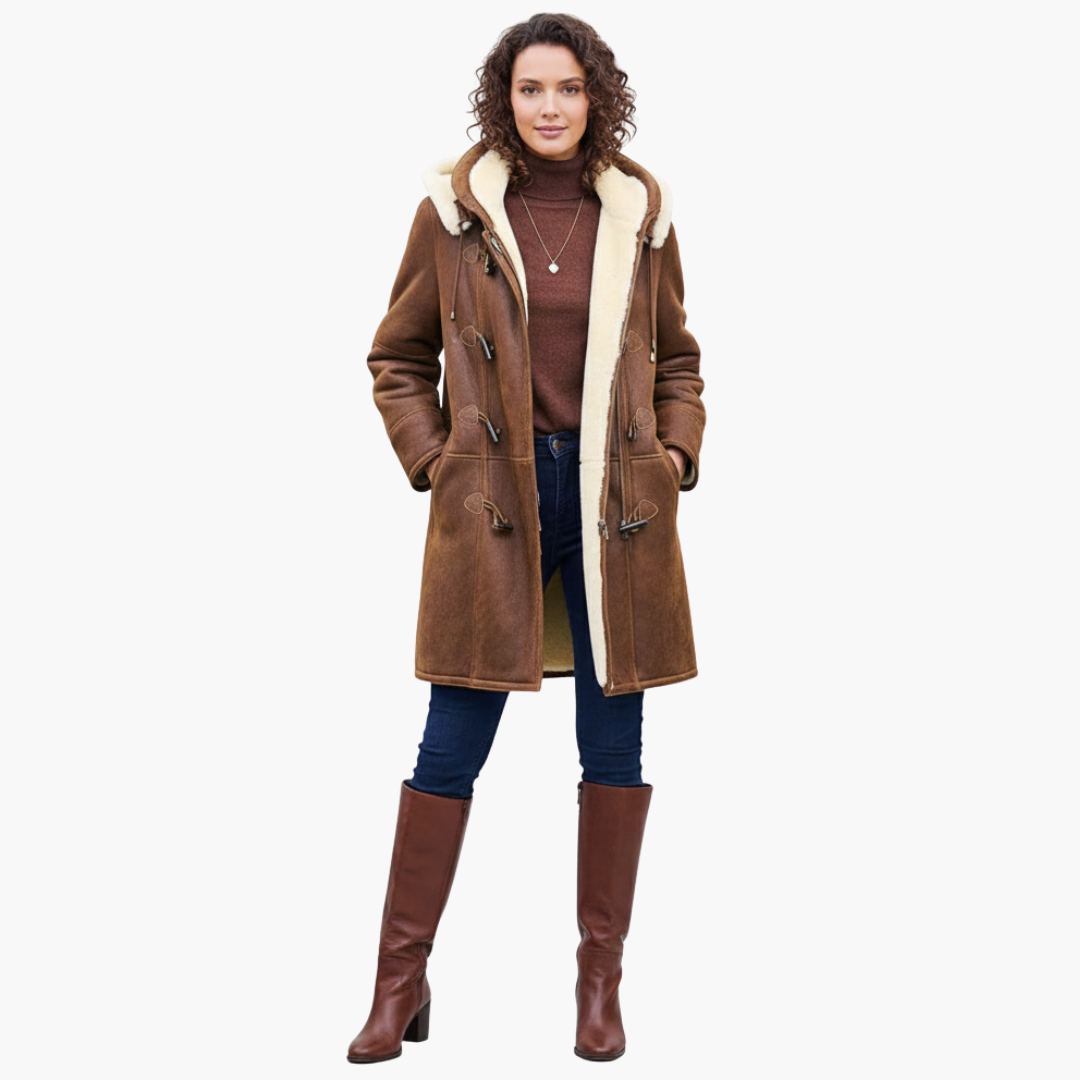 Women's Shearling Lined Coat with Hood Winter Duffle Style Long Jacket