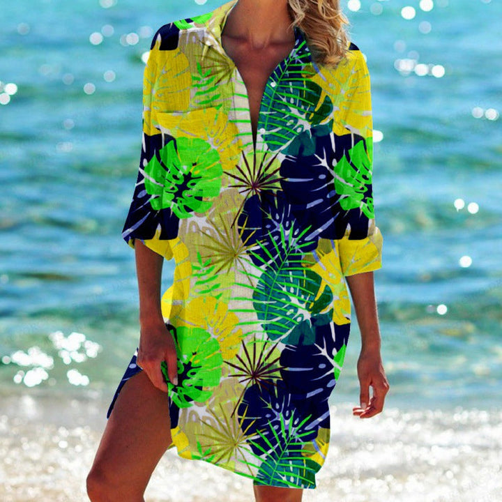 Celia | Fließendes Hemdblusenkleid mit Tropical Print für einen eleganten Sommerlook