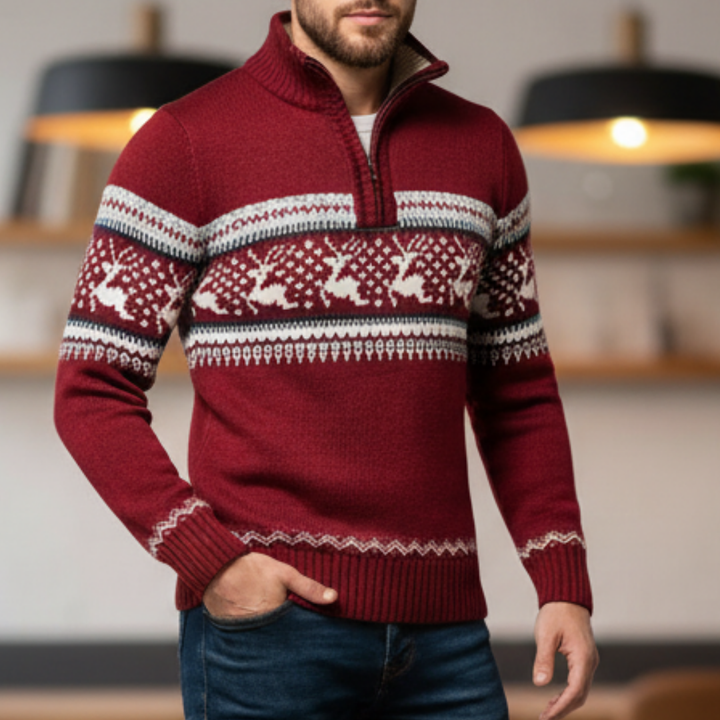 Herren Strickpullover mit halbem Reißverschluss Stahlkragen Wollmischung Warm