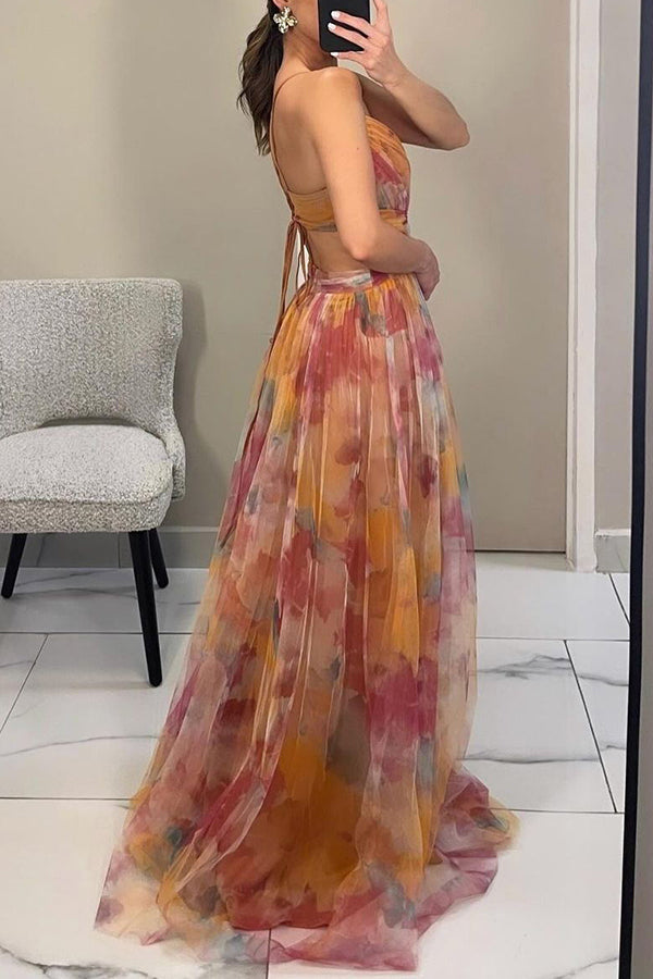 Celeste Maxikleid für Damen | Luftiges Chiffonkleid mit Blumendruck & verstellbaren Trägern