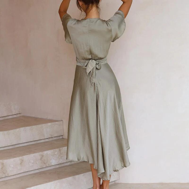 Deborah - Hoch-Tief Midikleid mit Knotentaille und schwingenden Ärmeln