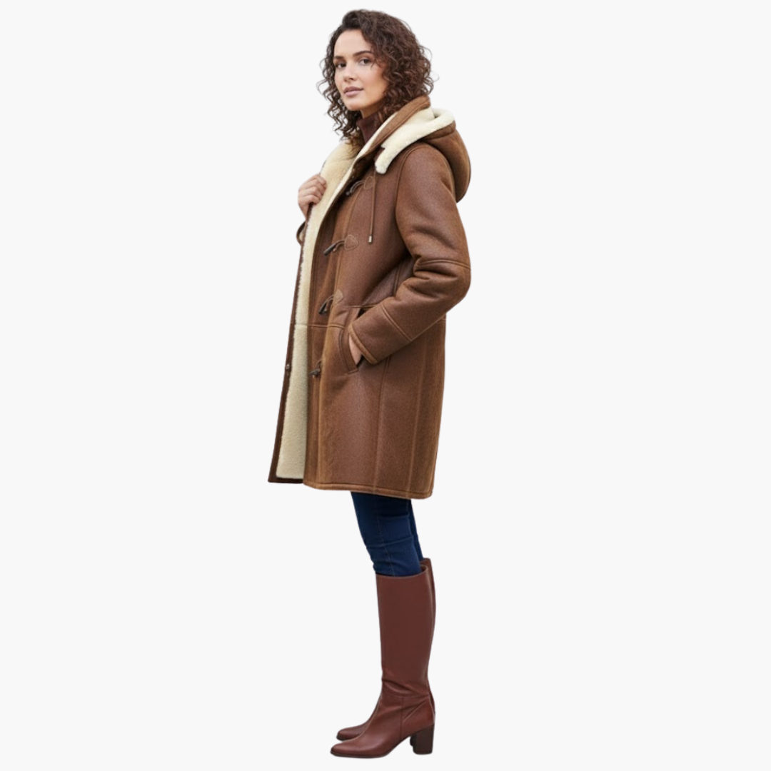 Women's Shearling Lined Coat with Hood Winter Duffle Style Long Jacket