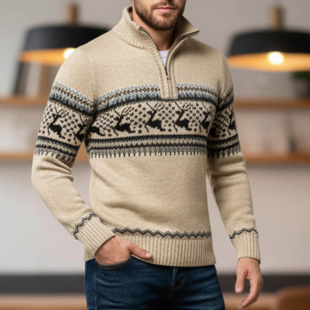 Herren Strickpullover mit halbem Reißverschluss Stahlkragen Wollmischung Warm