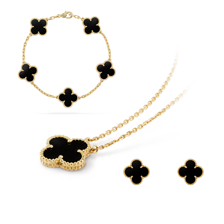 Schmuckset Corbi Celeste Clover Schwarz | Edelstahl vergoldet 18K