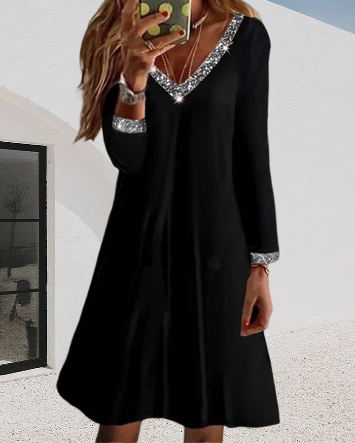Kurzes schwarzes Abendkleid | Lässige Eleganz mit Pailletten und V-Ausschnitt