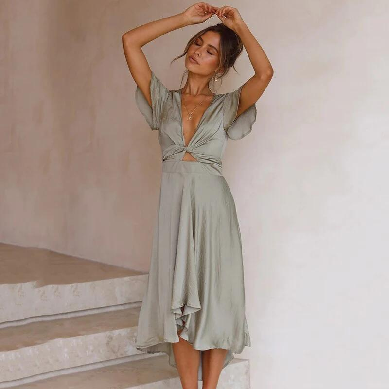 Deborah - Hoch-Tief Midikleid mit Knotentaille und schwingenden Ärmeln