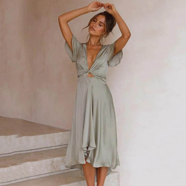 Deborah - Hoch-Tief Midikleid mit Knotentaille und schwingenden Ärmeln