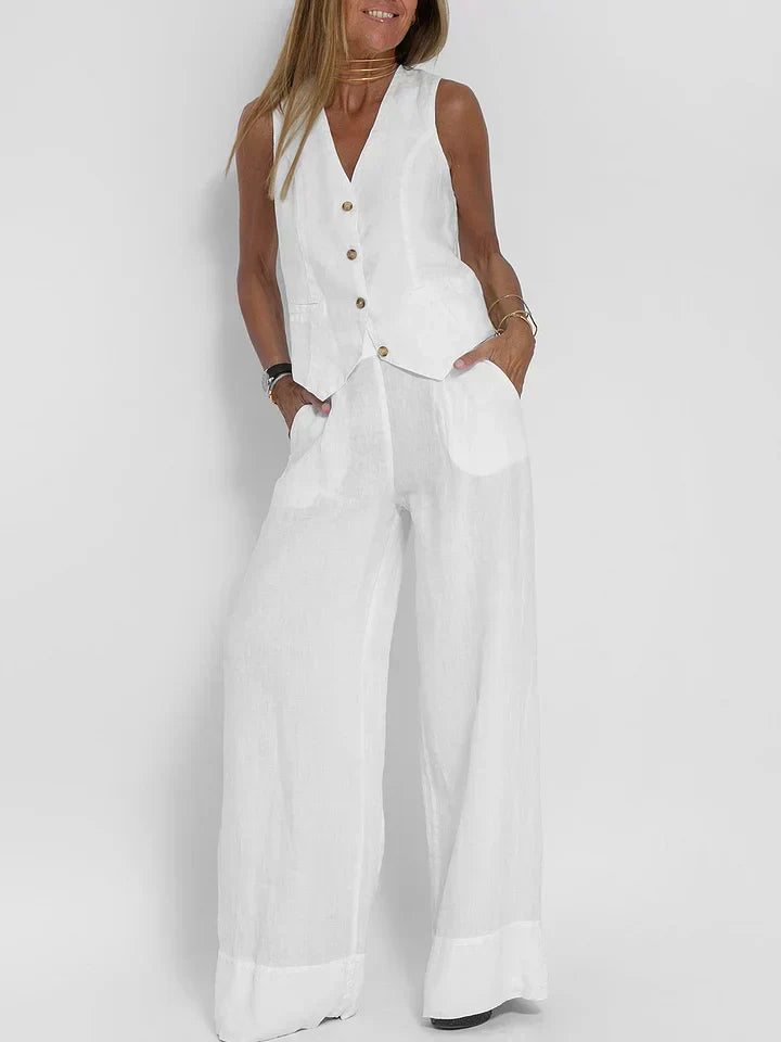 Aiden Zweiteiliges Outfit aus elegantem Leinen | Eng anliegende Weste & weite Hose
