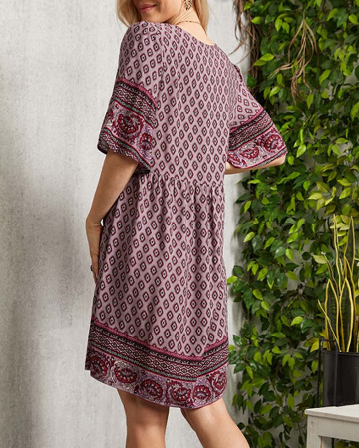 Nancie - Boho schlaue Kleid mit V-Ausschnitt und Druck