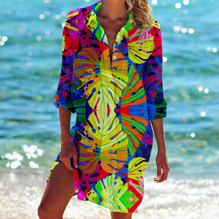 Celia | Fließendes Hemdblusenkleid mit Tropical Print für einen eleganten Sommerlook