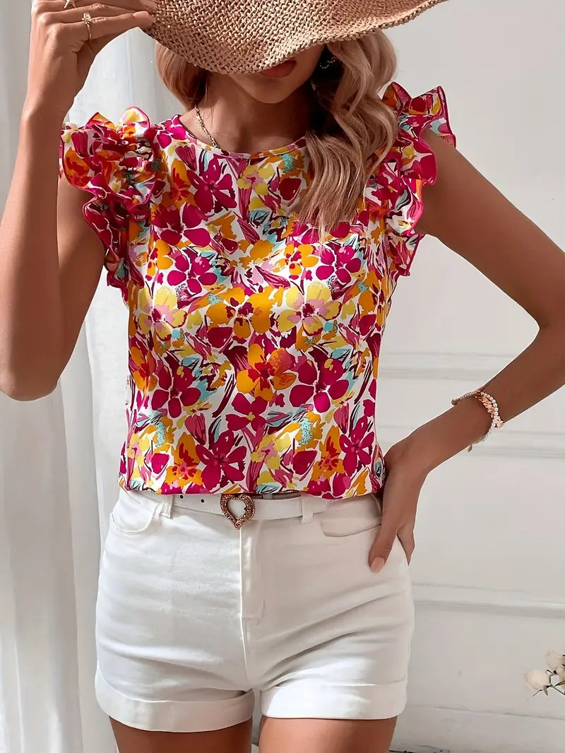 Boutique Elegante Bluse mit Rundhalsausschnitt | Blumenprint und Rüschen