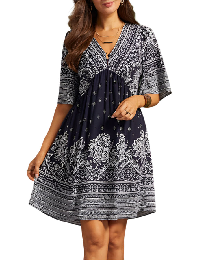 Nancie - Boho schlaue Kleid mit V-Ausschnitt und Druck