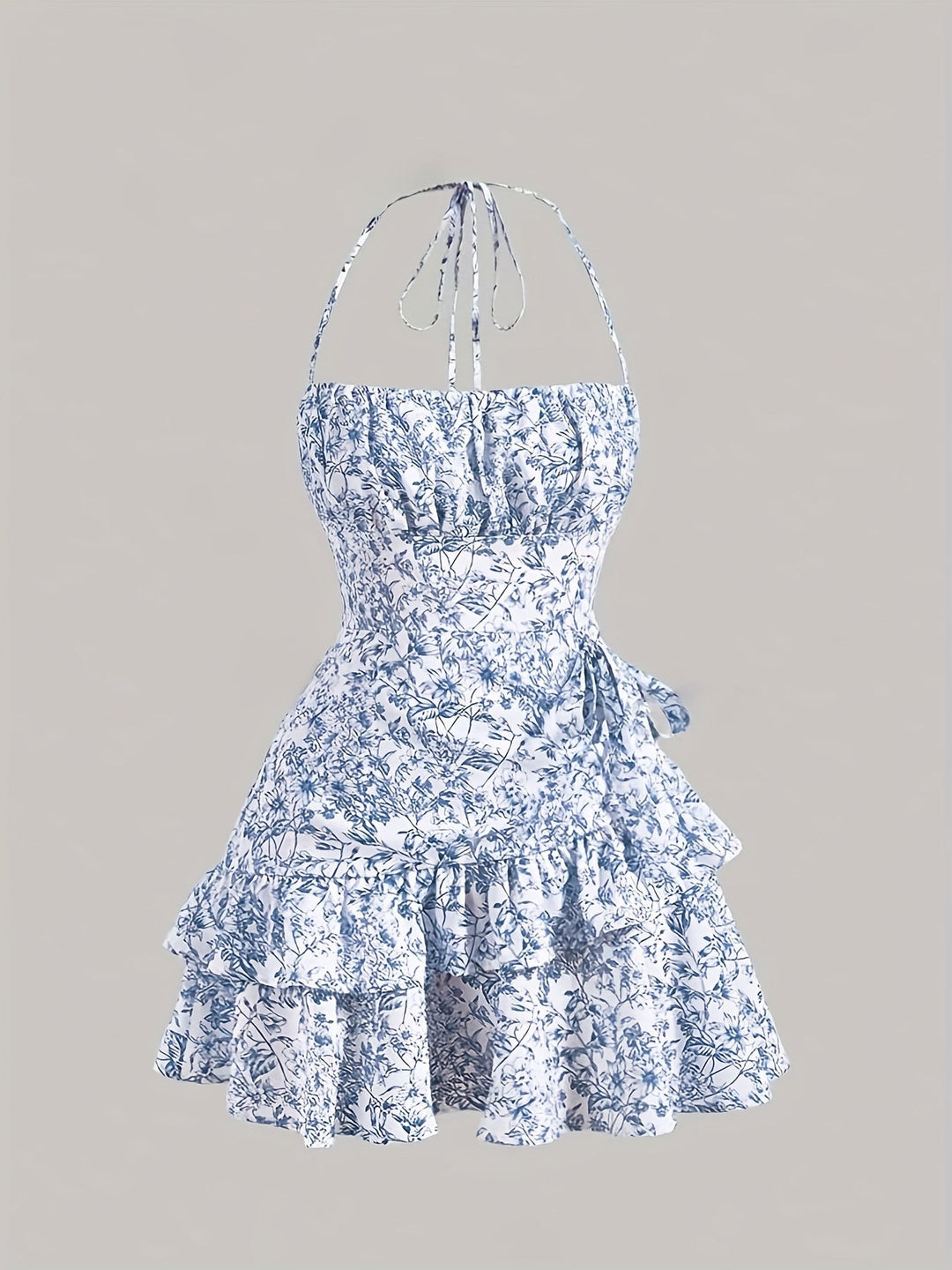 Ryle Kleid Mini Blumenkleid mit Halfterkragen und Einsatz Für Frauen