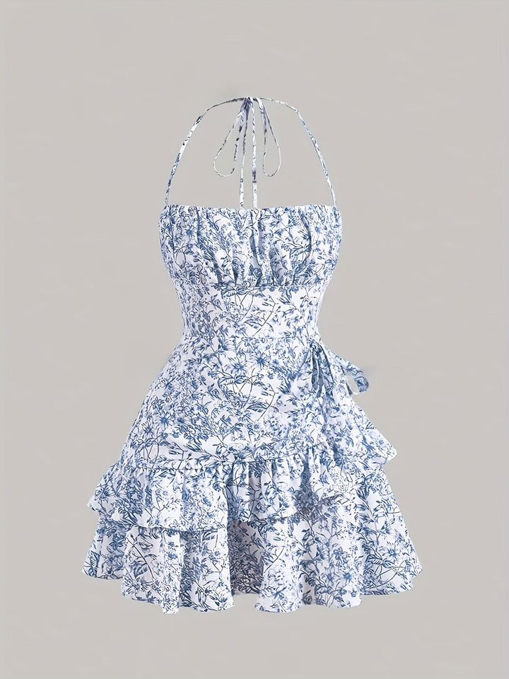 Ryle Kleid Mini Blumenkleid mit Halfterkragen und Einsatz Für Frauen