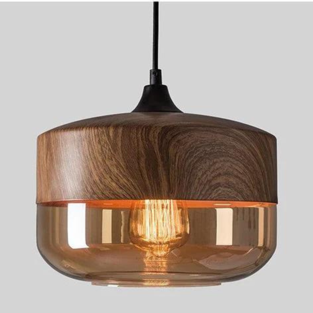 NordLuna Pendelleuchte - Skandinavische Eleganz aus Holz und gefärbtem Glas