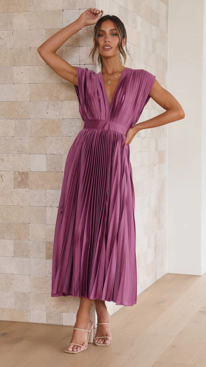 Michela | Raffiniertes Plissee-Midikleid mit V-Ausschnitt
