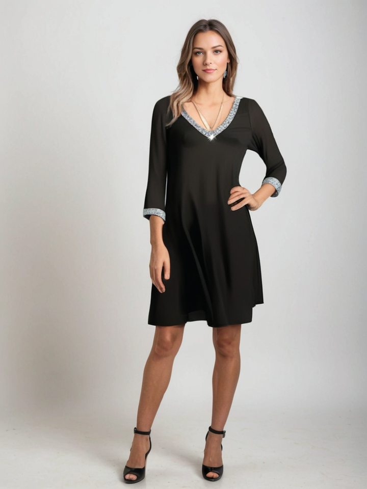 Kurzes schwarzes Abendkleid | Lässige Eleganz mit Pailletten und V-Ausschnitt