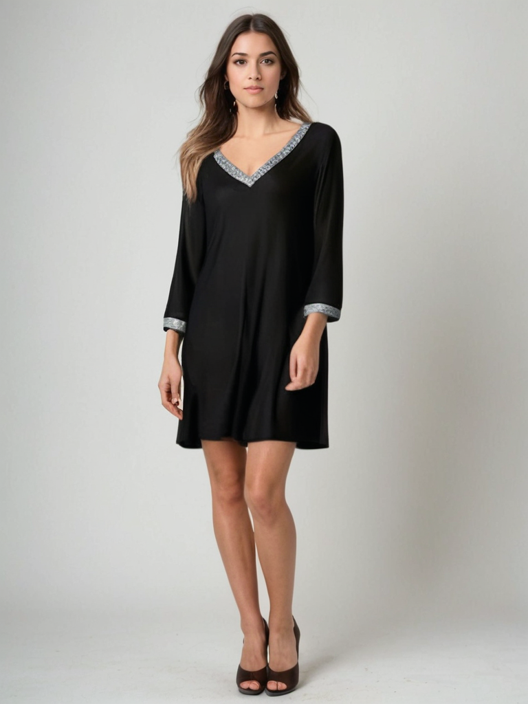 Kurzes schwarzes Abendkleid | Lässige Eleganz mit Pailletten und V-Ausschnitt