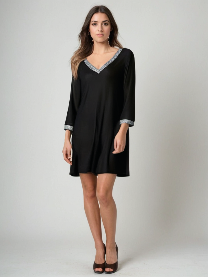 Kurzes schwarzes Abendkleid | Lässige Eleganz mit Pailletten und V-Ausschnitt