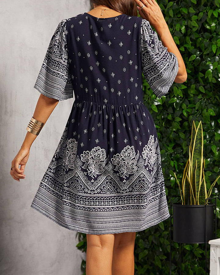 Nancie - Boho schlaue Kleid mit V-Ausschnitt und Druck