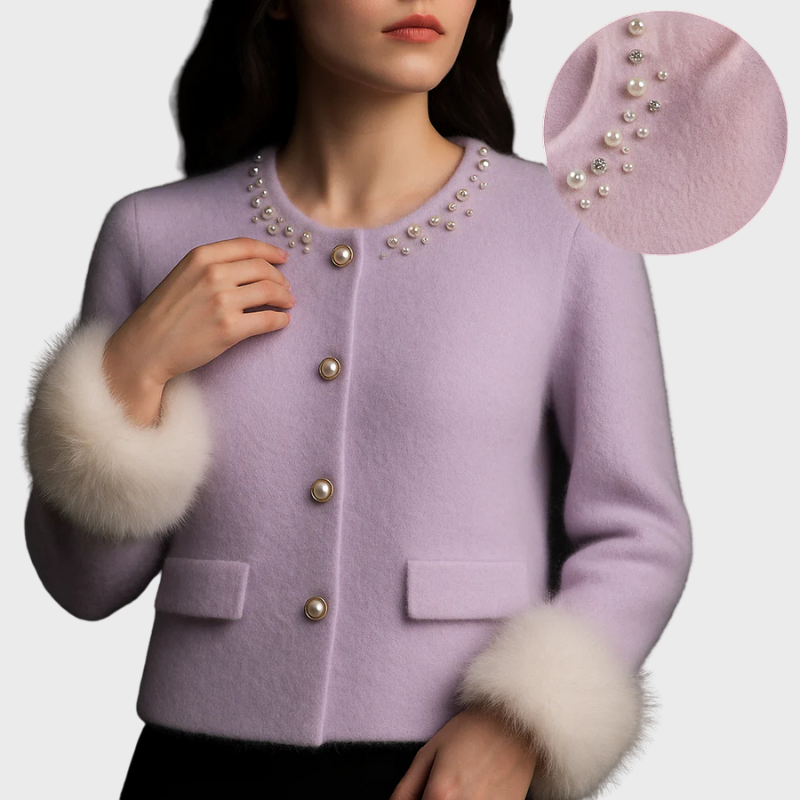 Damen Strickjacke mit Perlendetails & Pelzbesatz | Elegante Strickjacke Winter
