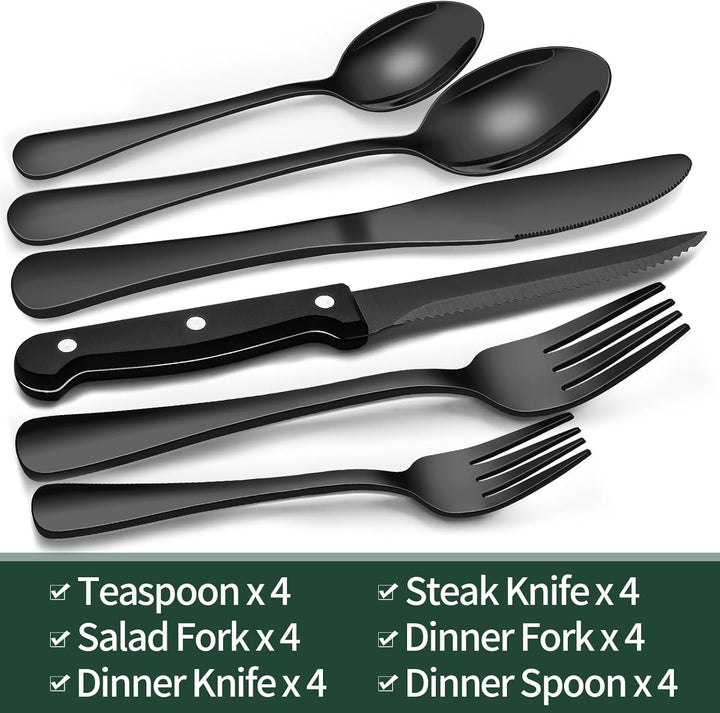 24-teiliges schwarzes Edelstahl-Besteckset mit Steakmessern – Modernes Besteck für 4 Personen