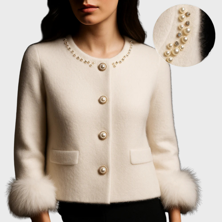 Damen Strickjacke mit Perlendetails & Pelzbesatz | Elegante Strickjacke Winter