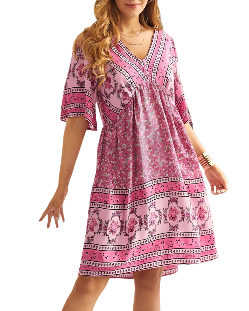 Nancie - Boho schlaue Kleid mit V-Ausschnitt und Druck