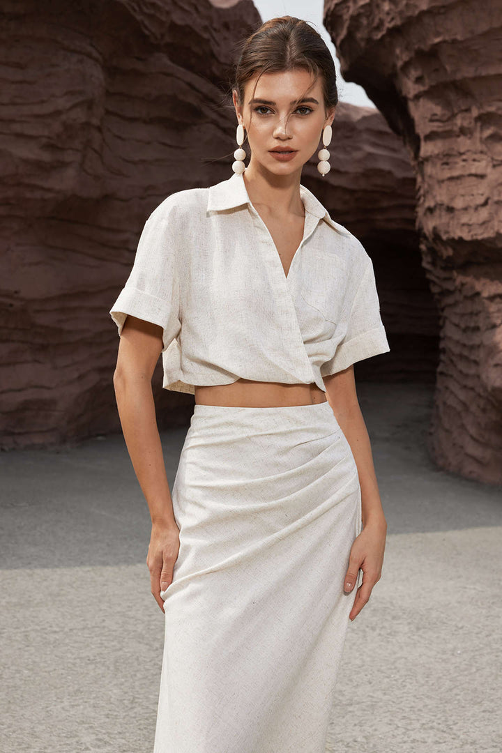 Victoria Leinen Damen Crop Shirt mit Crossover-Detail | Kurzes Sommeroberteil mit Stil