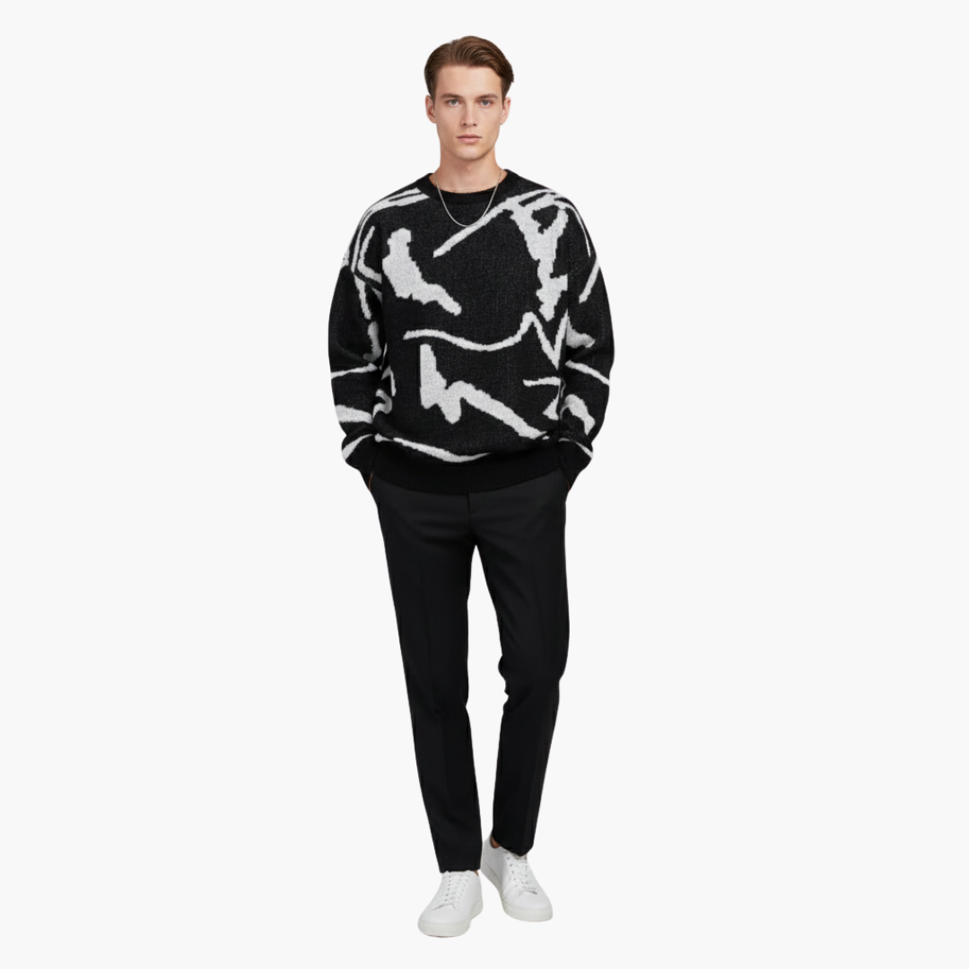 Pullover Herren Strickjacke | Rundhalsausschnitt Abstrakter Druck Gerippte Ränder