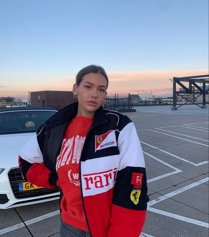 Ailyn Damen Rennfahrerjacke im Oversize-Stil | Motorsport-Look mit Farbblöcken & Patches