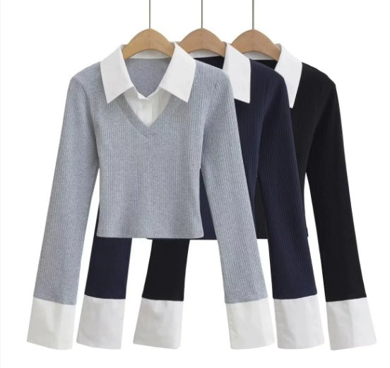Rhea Langarmshirt für Damen | Patchwork-Oberteil mit taillierter Passform & modernem Design