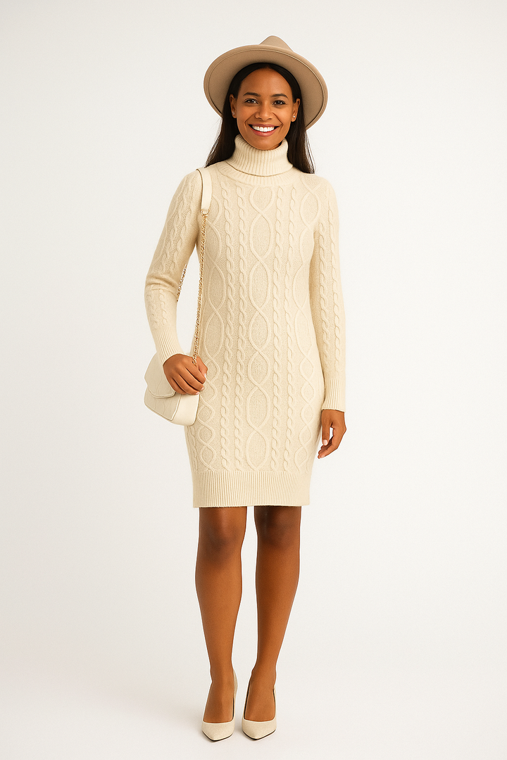 Damen Strickkleid mit Rollkragen Kabelstrick | Knielang Slim-fit Winter