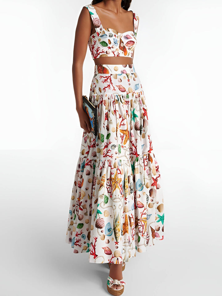 Zweiteiliges Set mit Meeresdruck | Bustier & Maxirock Sommerliches und feminines Design